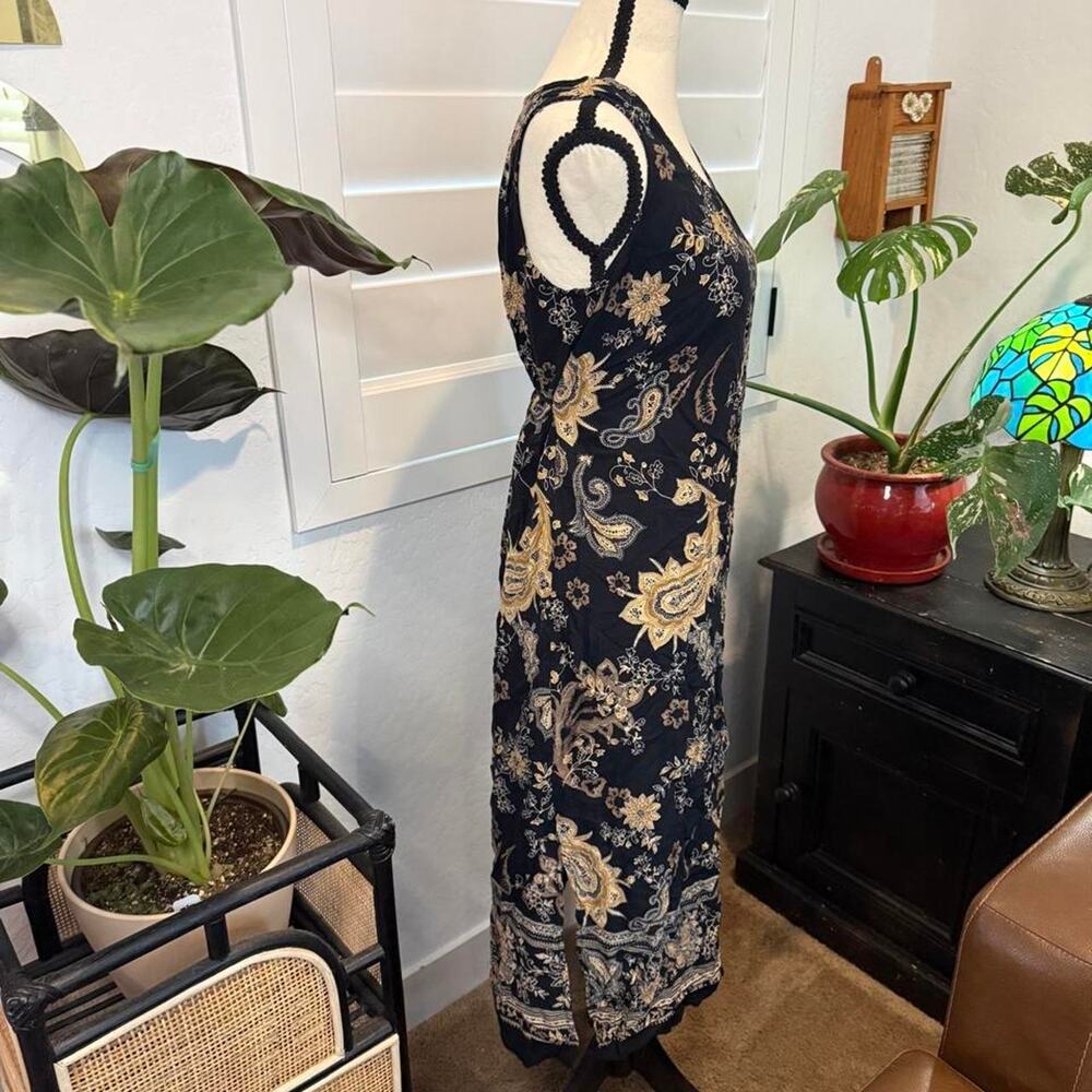 VTG 90s Y2K Dark Fairy Black Paisley Floral Midi Dress Tie Back Boho Whimsigoth - Picture 6 of 8